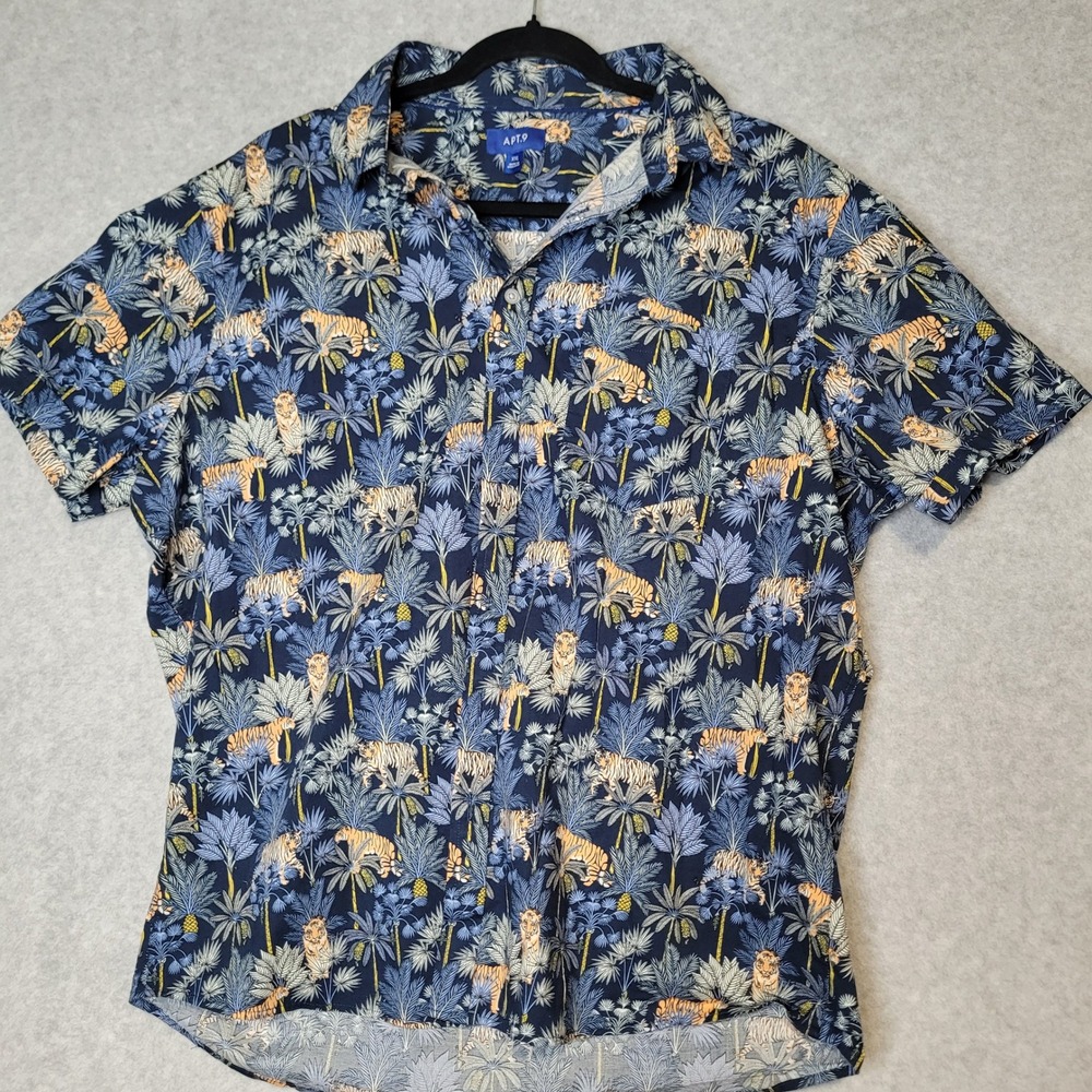Apt 9 Mens XXL Navy Blue Tiger Jungle Palm Print Short Sleeve Button Down Shirt